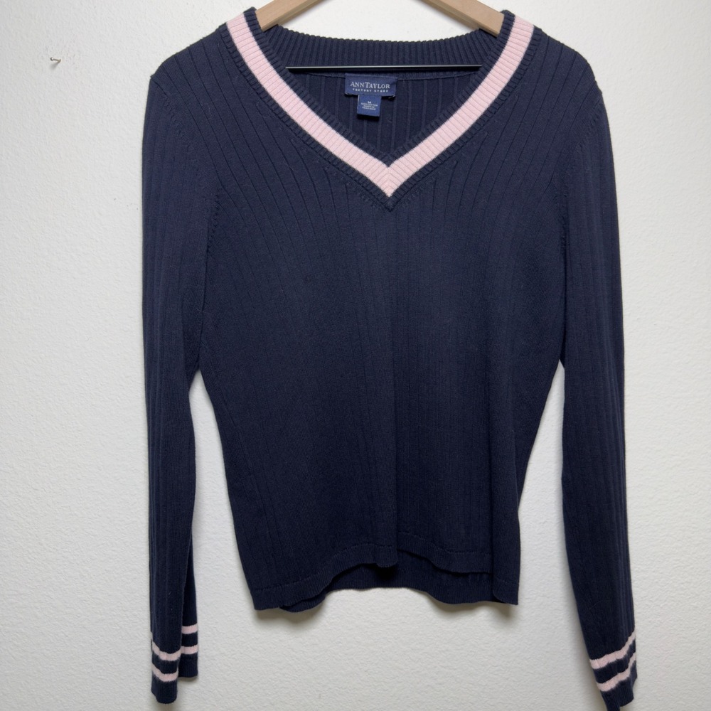 Ann Taylor y2k Women 100% Cotton Preppy Sweater Old‎ Money Tennis Prep Varsity